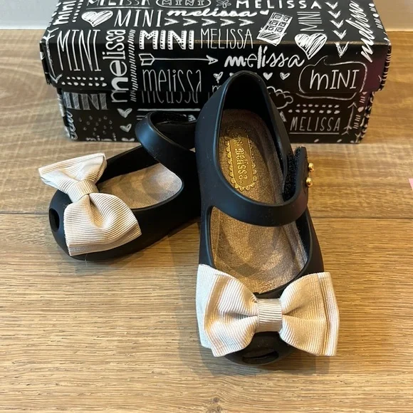 Mini Melissa Shoes New In Bag Black With Cream Grosgrain Bow